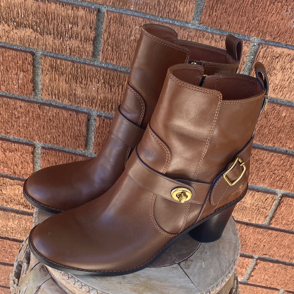 Coach Dark Saddle Leather Moto Heeled Bootie Size 9